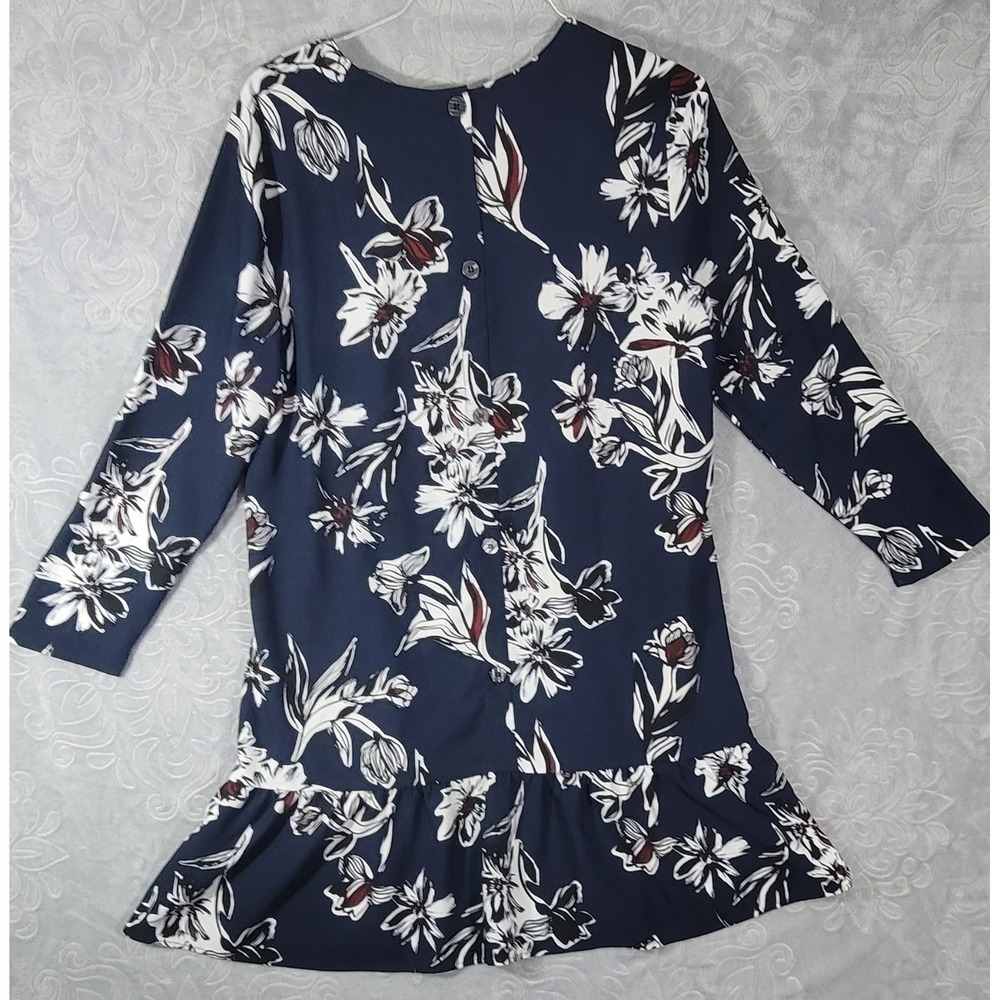 HALOGEN Women Size L Navy Blue Floral Crew Neck Long Sleeve Dress - Picture 2 of 11